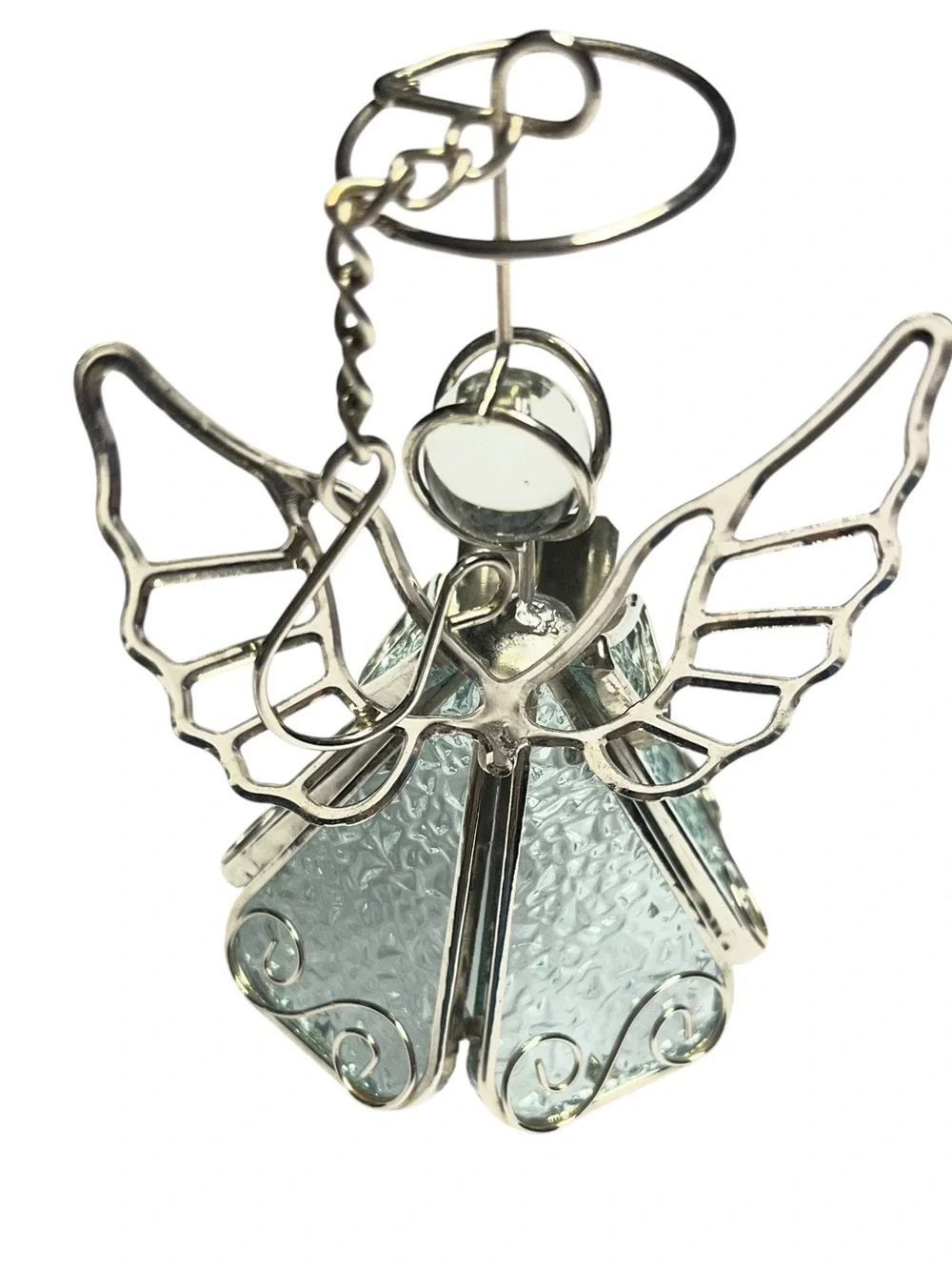 Vtg Silver Textured Glass Chior Angel Christmas Ornament Singing 4”+Hanger/chain